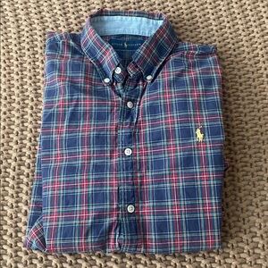 Ralph Lauren Navy Green & Red Light Weight Plaid Button-Down Shirt, Size Large